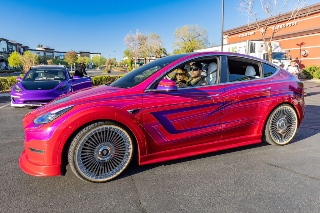 EV Madness Celebrity Cars and Coffee Red Modified Tesla Model Y